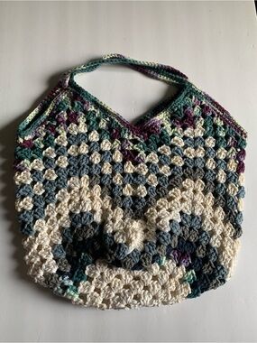 Crochet Shoulder Bag in Cream, Teal, Gray and Purple